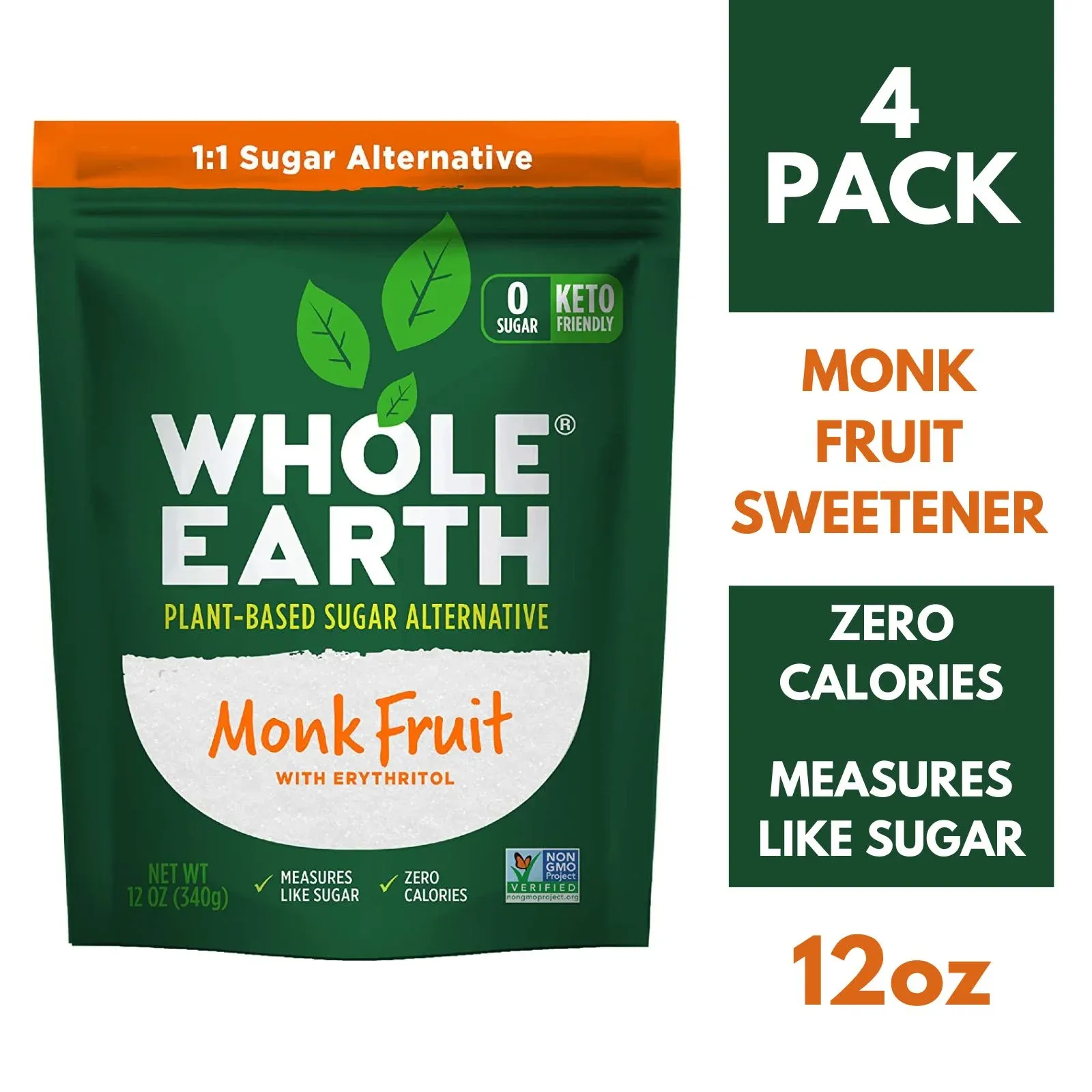 Whole Earth Sweetener Co. Monk Fruit Sweetener with Erythritol, Plant-Based Sugar Alternative, 12 Ounce (Pack of 4)