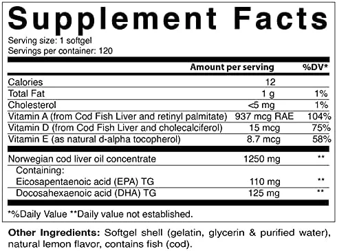 Norwegian Cod Liver Oil 1250mg 120 Softgels (lemon Flavor)