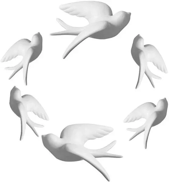 Dorlotou Set of 6 White Ceramic Birds Doves Sparrows Swallows Wall Mounted Decor Hanging for Bedroom Livingroom Garden Wall Sculptures