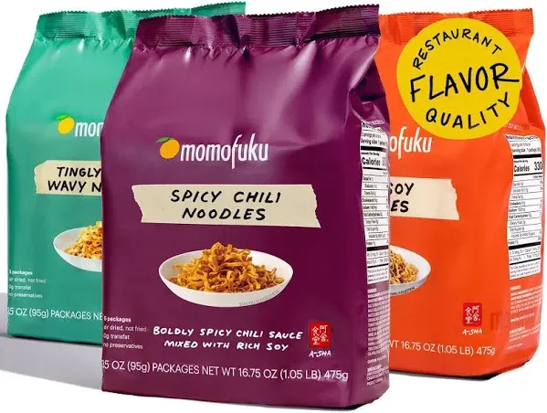 Momofuku Spicy Ramen Noodle Variety Pack by David Chang, 15 Count (Pack of 3) of Air-Dried Vegan Instant Noodles with 11g of Plant Based Protein