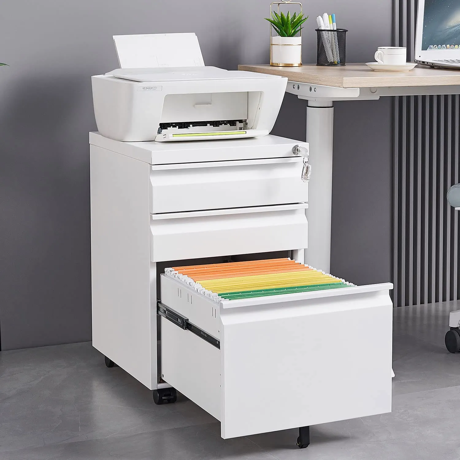 3 Drawer Metal File Cabinet with Locking Under Desk Rolling File Cabinet Can Hold Letters/Legal Documents/A4 Size Documents Suitable for Home Offices, Hospitals, Schools (White)