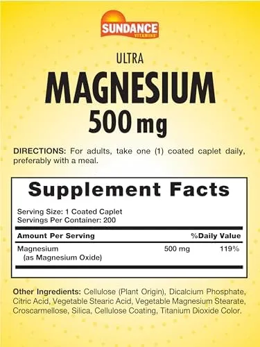 Sundance Magnesium Oxide 500mg | 200 Caplets | Essential Mineral Supplement | Vegetarian, Non-GMO, and Gluten Free Formula