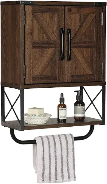 RUSTOWN Farmhouse Rustic Medicine Cabinet with Two Barn Door Wall Mounted Storage Cabinet with Adjustable Shelf and Towel Bar