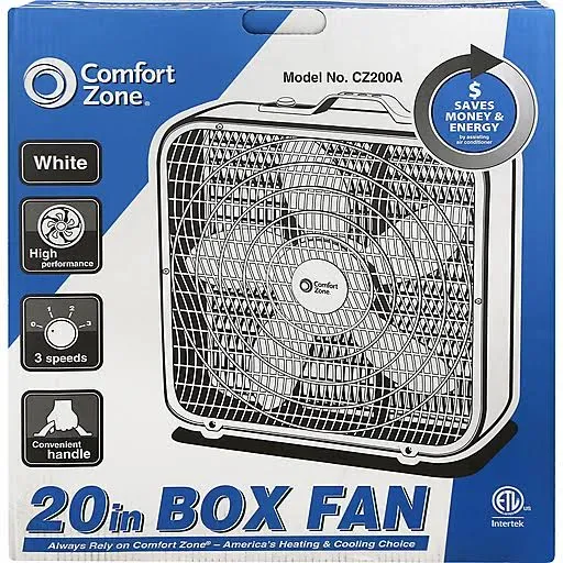 Comfort Zone CZ200A Electric Box Fan, 3 Speed, White