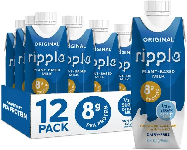 Ripple Non-Dairy Milk, Original | Vegan Milk With 8g Pea Protein| Shelf Stable Single Serve Cartons | On-The-Go | Non-GMO, Plant Based, Gluten Free | 8 Fl Oz (Pack of 12)