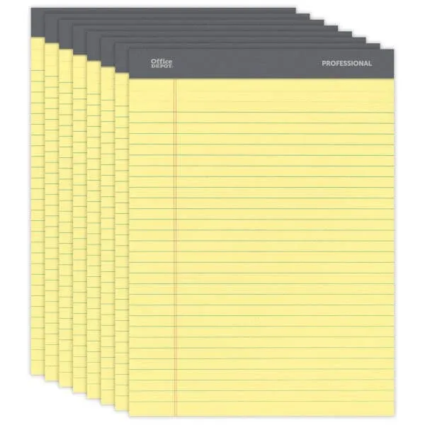 Office Depot Professional Legal Pad, 8 1/2in. x 11 3/4in., Legal Ruled, 50 Sheets per Pad, Canary, Pack of 8 Pads, 99527