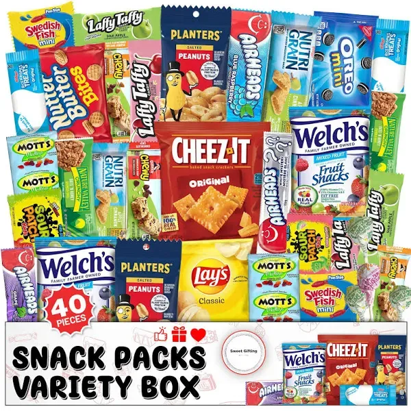 Snack Box Variety Pack Care Package (40 Count) Kids Adults Men Women College Student Valentines Day Snackbox Office Sampler Candy Food Cookies Chips A