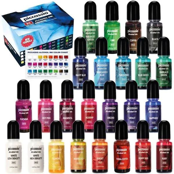 Alcohol Ink Set - New Improved Formula - 24 Highly Saturated Alcohol Inks - Fast-drying and Permanent Inks - Versatile Alcohol Ink for Epoxy Resin,