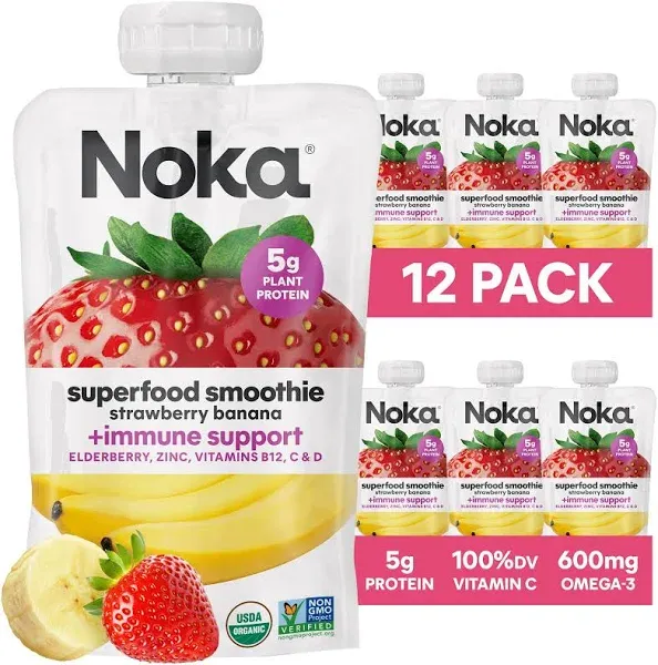 Noka Superfood Fruit Smoothie Pouches, Strawberry Pineapple, Healthy Snacks with Flax Seed, Plant Protein and Prebiotic Fiber, Vegan and Gluten Free Snacks, Organic Squeeze Pouch,