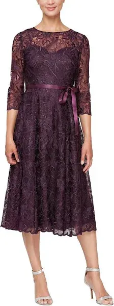 Alex Evenings Women's Tea Length Embroidered Dress Illusion Sleeves (Petite Missy)