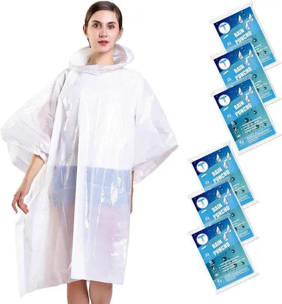 TUNCHMO Disposable Rain Ponchos for Adults (6 Pack) 50% Thicker Emergency Pon...