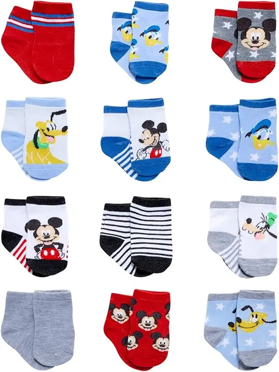 Disney Baby Boys Socks - 12 Pack Soft Newborn Baby Socks Character Prints - Cute Newborn and Infant Socks (0-24M)