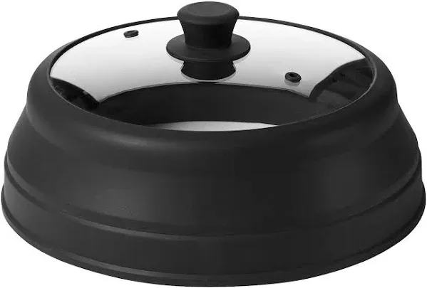 Microwave Glass Plate Cover Lid - Vented and Collapsible Design with A Safe and Easy Grip Silicone Handle – 10.5 Inch Diameter (BLACK)