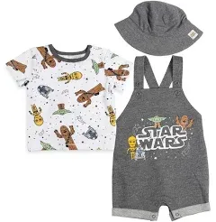 Star Wars Chewbacca R2-D2 Yoda Baby French Terry Short Overalls T-Shirt and Hat 3 Piece Outfit Set Baby to Baby