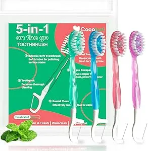 5 in 1 Disposable Mini Toothbrushes on The go Toothbrush Portable Travel Toothbrush（Toothpaste + Tongue Scraper + Floss + Picks Individually Wrapped Prepasted Oral Care Mint 24 Packs