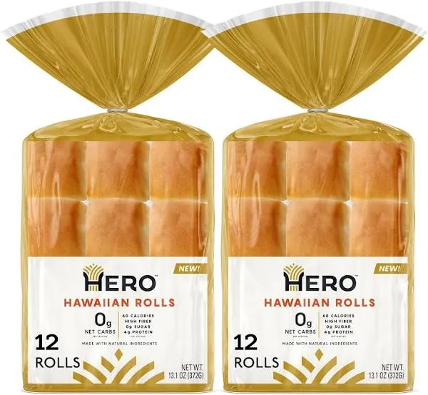 Hero Hawaiian Rolls – Net Low Carb Slider Buns & Dinner Rolls | High Fiber, 0g Net Carbs, 0g Sugar & 60 Calories per Serving Sub Rolls (24 Buns, Pack of 2)