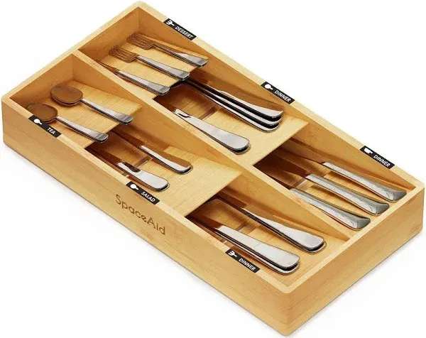 SpaceAid Bamboo Silverware Drawer Organizer with Labels, Kitchen Utensil Tray Holder Organizer for Flatware, Cutlery, Spoon and Knives Drawer Storage Organization (Black, 6 Slots)