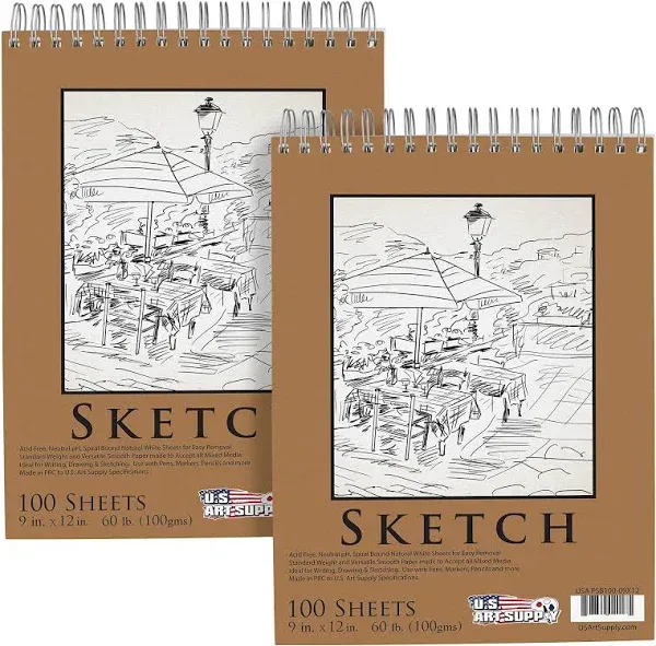 U.S. Art Supply 8" x 10" Top Spiral Bound Sketch Book Pad, Pack of 2, 100 Sheets Each, 60lb (100gsm) - Artist Sketching Drawing Pad, Acid-Free - Graphite Colored Pencils, Charcoal - Adults, Students