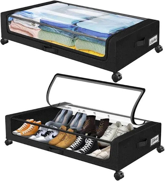 2 Pack Under Bed Storage with Wheels, Under Bed Shoe Storage Larger 2Pack Black