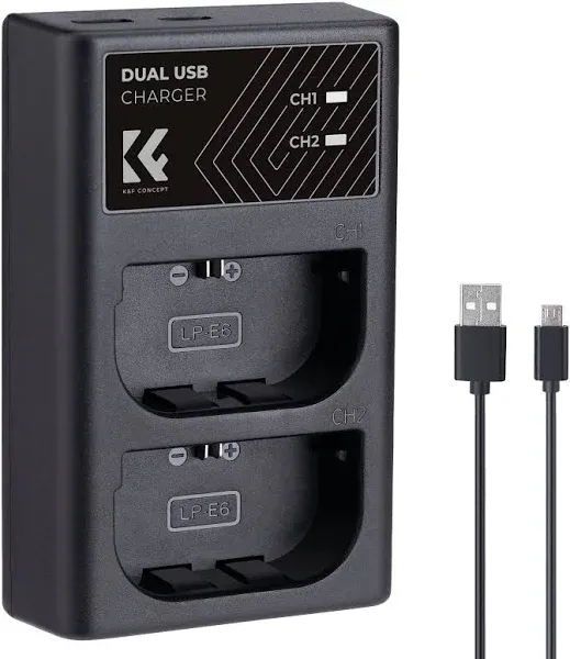 K&F Concept LP-E6/LP-E6N/LP-E6NH Battery Charger, Dual Slot Type-C/Micro USB Charger for Canon EOS R5, R6, R, EOS 5D Mark IV, 5D Mark III, 5DS, 5DS R, 5D Mark II, 6D Camera