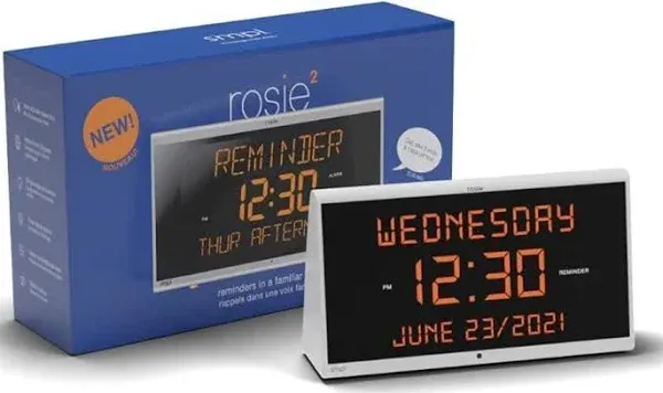 Simpl Rosie Reminder Large Display Talking Alarm Clock – 25 Personalized Voice Reminders, Dementia & Alzheimer’s Friendly, Voice Activated Clock for Seniors, Easy to Use, Audible up to 100ft (Rosie 2)