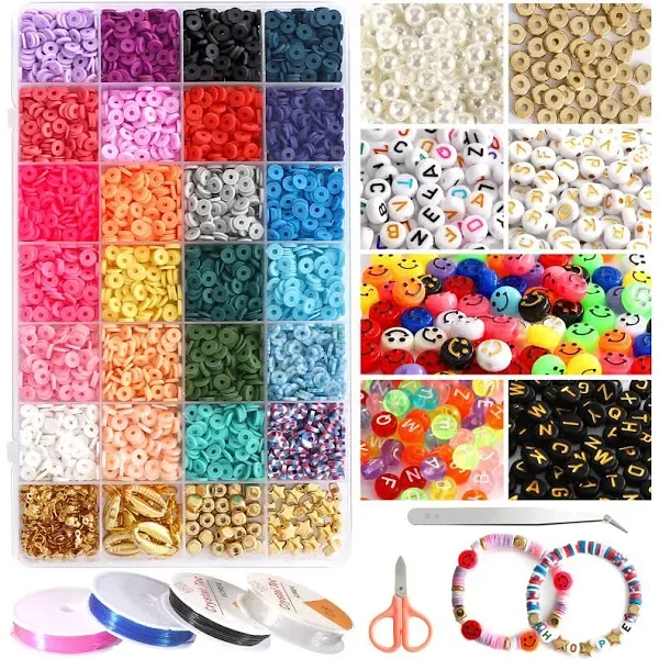 6000PCS Clay Beads for Bracelets Making Kit,24 Colors Flat Heishi Polymer Cla...