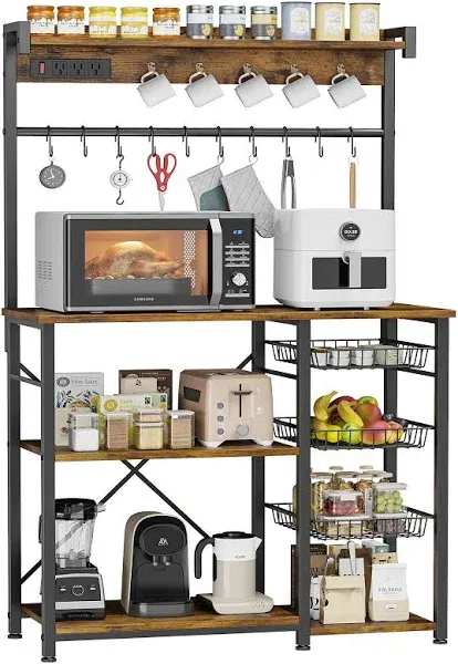 Large Bakers Rack with Power Outlets 38.8 Inches, 15 Hooks Coffee Bar with 3 Wire Basket, Microwave Stand Kitchen Storage Shelf for Spices, Cups, Pots, 38.8 x 16.3 x 62.2 in, Rustic Brown