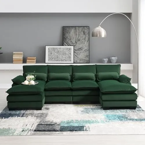 109.8 * 55.9" Modern U-Shaped Sectional Sofa with Waist Pillows,6-seat Upholstered Symmetrical Sofa Furniture,Sleeper Sofa Couch with Chaise Lounge for Living Room,Apartment (Green, 109.8)