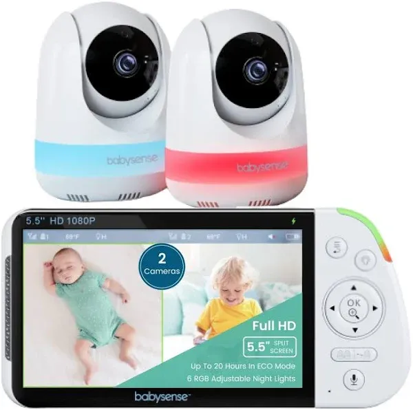  5.5” 1080p Full HD Split-Screen Baby Monitor, Video Baby 5.5 inch 2 Cams