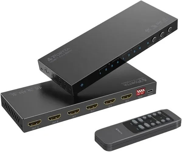 4K 60Hz HDMI Matrix 4x2, Portta 4 in 2 Out Switch Splitter with Toslink 3.5mm Audio Extractor, Arc, 16 EDID Modes, 4K Downscale, and IR Remote