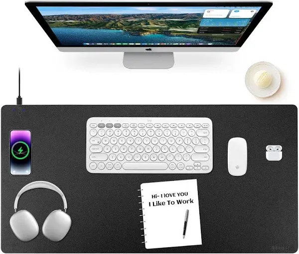 Wireless Charging Mouse Pad Firelison 2 in 1 Leather Multifunctional Office Desk Pad with Non-Slip Rubber Base, Waterproof Desk pad for Computers/Office/Work/Home/Decor（ 32" x 16"Black - L）