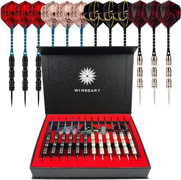 ADKX Steel Tip Darts 12 Pack Set with Nonslip Iron Barrel Aluminum Dart Shafts and Flights + Darts Sharpener + an Gift Box