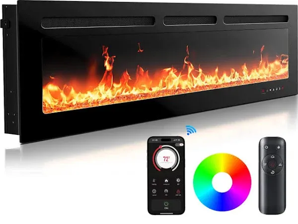 Silonn 60″ Electric Fireplace Heater with App & Remote Control, 5300 BTU Heat Output, Ultra-Slim Wall-Mounted or Recessed Electric Fireplace Inserts with Timer, 20 Flame Colors, SLELF02B-60