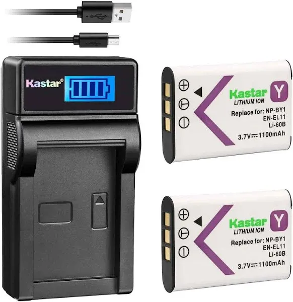 Kastar Compatible Battery 2-Pack and Slim LCD Charger for NP-BY1 EN-EL11 LI-60B DLI-78 DB-L70 DB-80 and Sony Action Cam Mini HDR-AZ1 Nikon Coolpix S550 S560 Olympus FE-370 Optio M50 M60 S1 V20 W60 W80