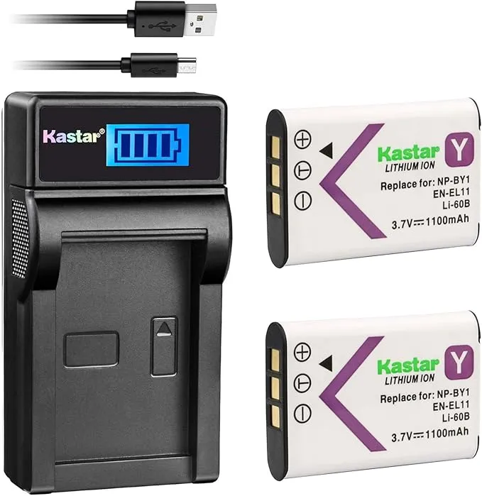 Kastar Battery (X2) & LCD Slim Charger for NP-BY1 EN-EL11 LI-60B DLI-78 DB-L70 DB-80 and Sony Action Cam Mini HDR-AZ1 Nikon Coolpix S550 S560 Olympus FE-370 Optio L50 M50 M60 S1 V20 W60 W80