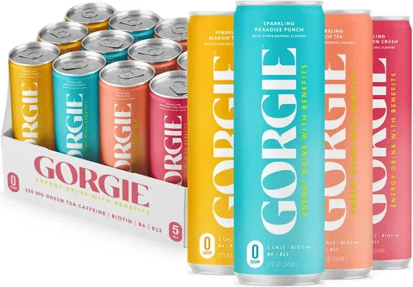 Gorgie Bestsellers Variety, Sugar-Free Natural Energy Drink Sparkling, Healthy Energy Drinks - Green Tea, Biotin, B Vitamins -150mg Caffeine, Vegan,