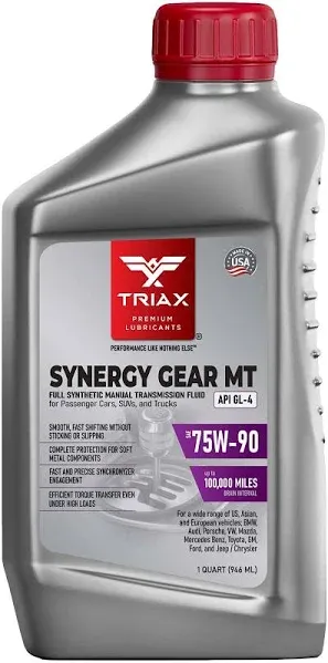 TRIAX Synergy Gear MT 75W-90 GL-4 (MT-90); Full Synthetic Manual Trans Fluid; Smooth Shifting; No Sticking, Slipping, Vibration, or Shudder; Yellow Metal Safe (1 Quart)