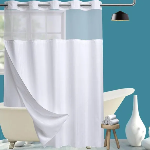 Conbo Mio Hotel Style Shower Curtain for Bathroom with Snap in Liner & See Through Top Window Waterproof Repellent Washable（White-Awning Stripe，71"(W) x 74"(H)）