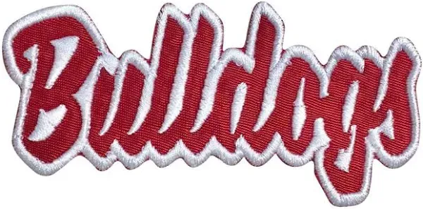 Bulldogs Mascot, Team Name, Embroidered, Iron on Patch (Maroon Twill/White Outline)