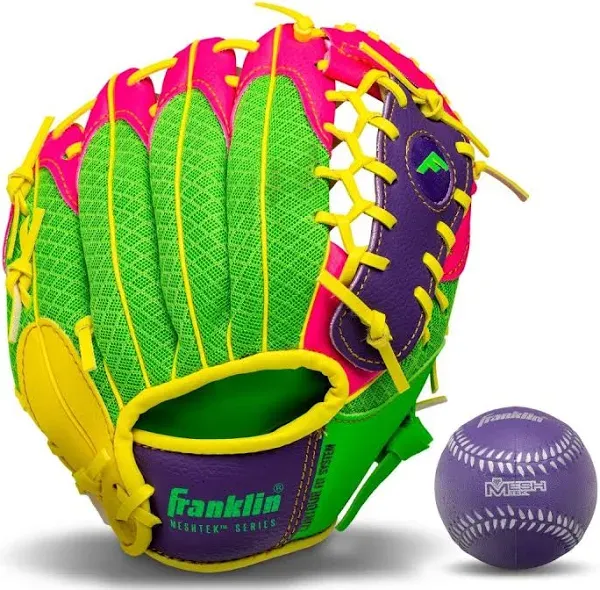 Franklin Sports 9.5" Teeball Meshtek Glove & Ball Set Purple/Pink/Yellow, Right-Hand Throw