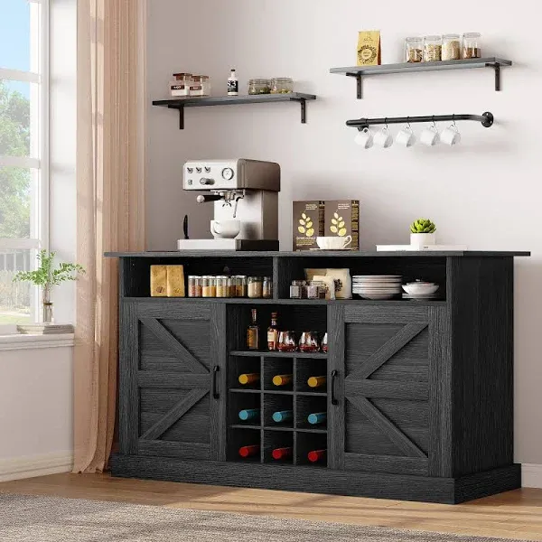 YITAHOME 52&quot; Farmhouse Buffet Cabinet with Power Outlet &amp; Floating Shelves in Black Oak