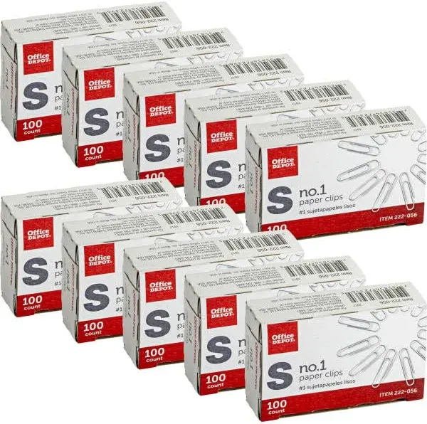 Paper Clips No. 1 1-1/4" 20-Sheet Capacity Silver 100 Clips Per Box (Pack of 10