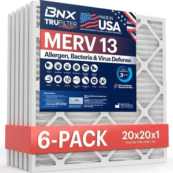 BNX TruFilter 20x22x1 Air Filter MERV 13 (6-pack) - Made in USA - Electrostatic Pleated Air Conditioner HVAC AC Furnace Filters for Allergies, Pollen,