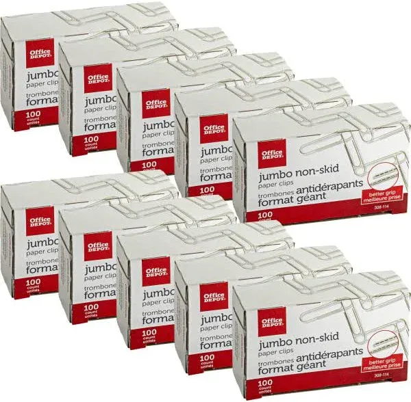 Office Depot Brand Nonskid Finish Jumbo Paper Clips, 100 Clips Per Box, 10 Boxes