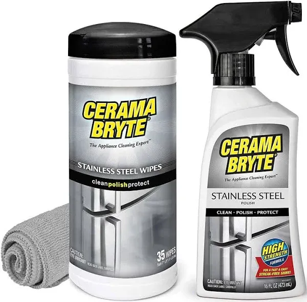 Cerama Bryte Protective Stainless Steel Appliance Cleaner & Polish Kit - High Strength Mineral Oil Formula - Includes 16 oz Spray, 35 Wipes, Large Microfiber Cloth