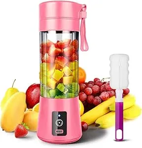 Portable Blender, YKSINX Smoothie Juicer Cup, Personal Mini Blender Shakes and Smoothies 13oz 2000mAh Rechargeable Home Travel Handheld Fruit Juicer (Pink)