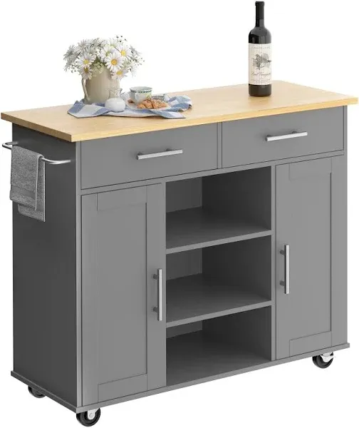 Shintenchi Small Kitchen Island on Wheels with 3-Tier Side Spice Rack and Rubber Wood Top, Trolley Cart with Storage Cabinet & Drawer and Handle/Towel Rack, Gray