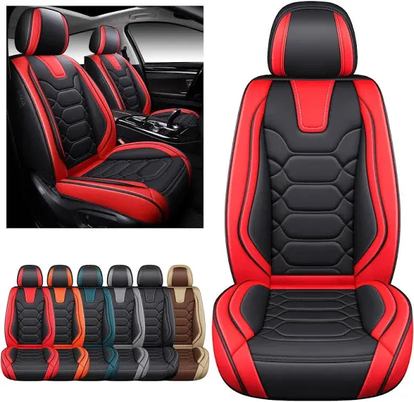 OASIS AUTO Car Seat Covers Premium Waterproof Faux Leather Cushion Universal Accessories Fit SUV Truck Sedan Automotive Vehicle Auto Interior Protector Front Pair (OD-004 Black&Red)