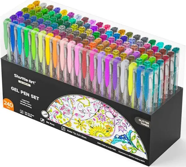 Shuttle Art 240 Pack Glitter Gel Pens, 120 Colors Glitter Gel Pen Set with 120 Refills for Adult Coloring Books Craft Doodling