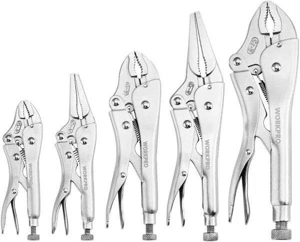 WORKPRO 5-Piece Locking Pliers Set, Pliers Tool Set, Vice Grips with Chrome-vanadium Steel, 5/7/10 inch Curved Jaw Pliers, 6.5/9 inch Long Nose Pliers